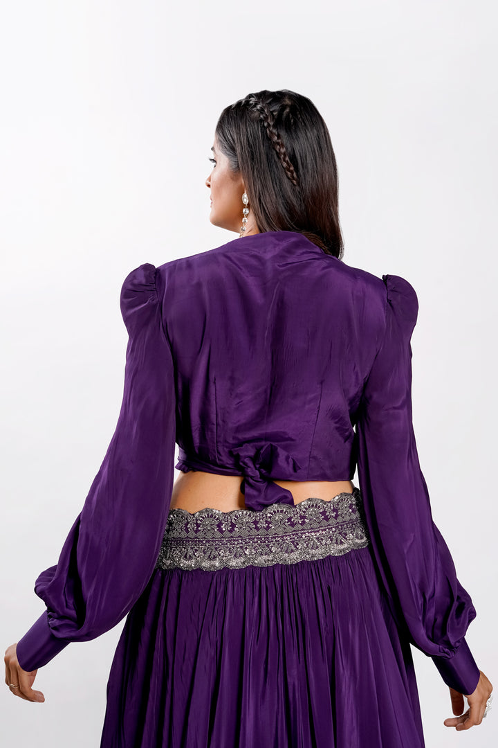 Purple Color Long Ballon Sleeves Lehenga With Crop Top