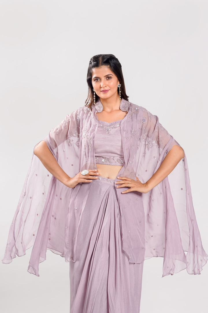 Lavender Color Hand Work Cape Style Cocktail Outfit