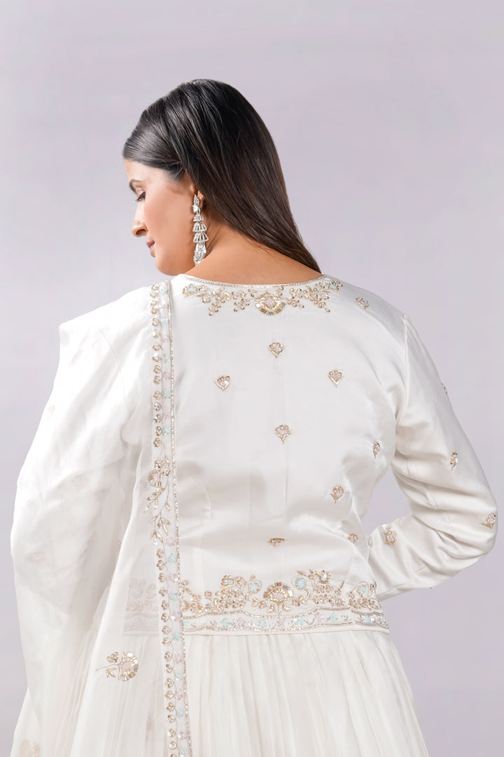 Satin Fabric White Readymade Poshak Top With Pleated Lehenga And Dupatta