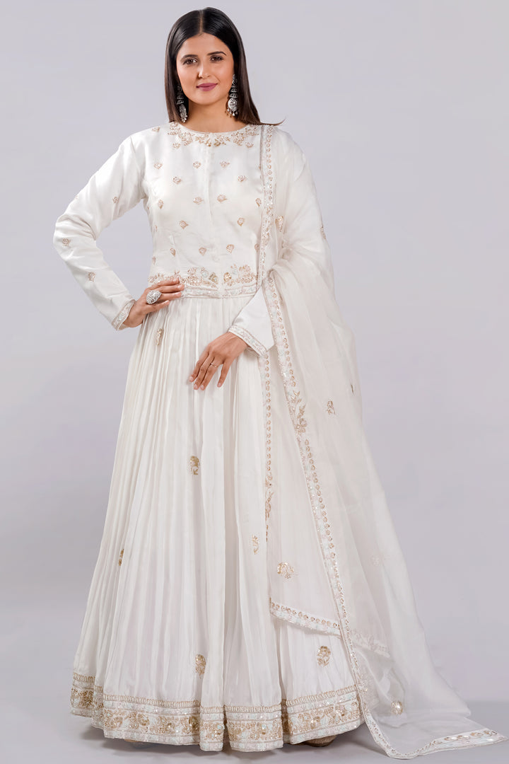 Satin Fabric White Readymade Poshak Top With Pleated Lehenga And Dupatta