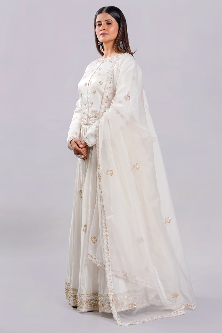 Satin Fabric White Readymade Poshak Top With Pleated Lehenga And Dupatta