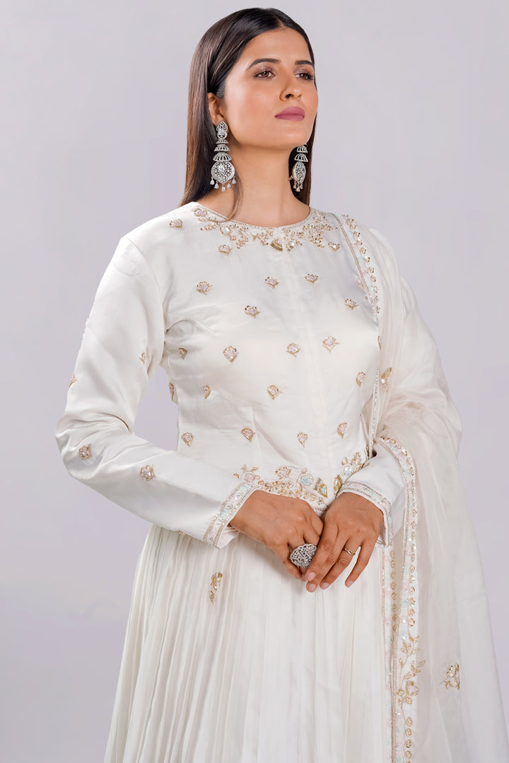 Satin Fabric White Readymade Poshak Top With Pleated Lehenga And Dupatta