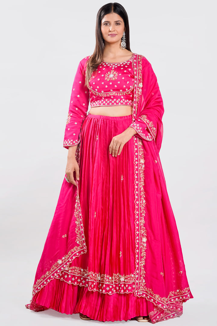 Pink Satin Silk Two Layered Pleated Lehenga Choli