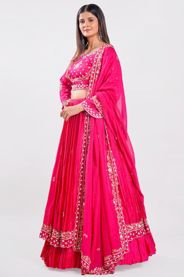 Pink Satin Silk Two Layered Pleated Lehenga Choli