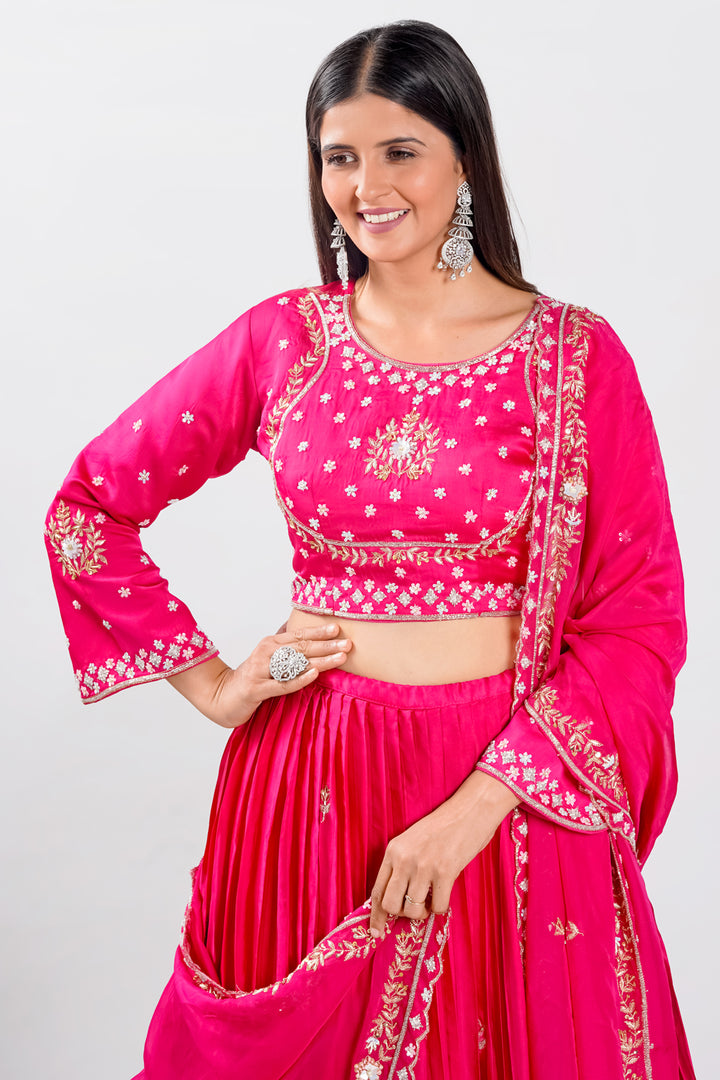 Pink Satin Silk Two Layered Pleated Lehenga Choli