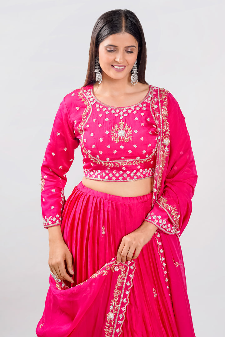 Pink Satin Silk Two Layered Pleated Lehenga Choli