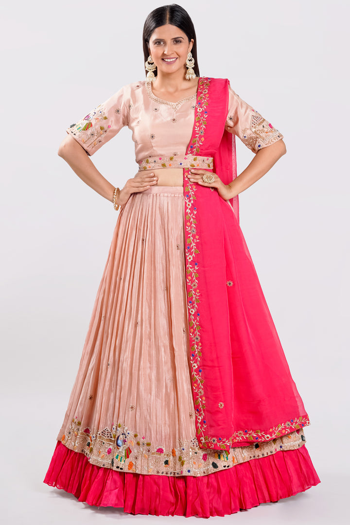 Tissue Fabric Two Layered Pleated Lehenga With Belt