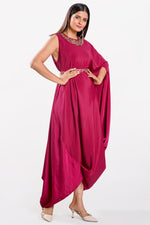 Load image into Gallery viewer, Magenta Crepe Satin Fabric Indo Western Cowl Dress With Belt
