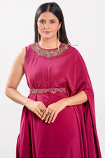 Load image into Gallery viewer, Magenta Crepe Satin Fabric Indo Western Cowl Dress With Belt
