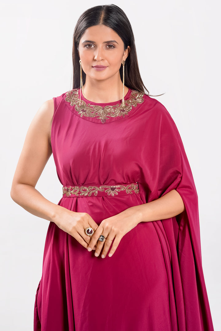 Magenta Crepe Satin Fabric Indo Western Cowl Dress With Belt