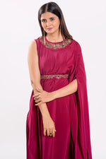 Load image into Gallery viewer, Magenta Crepe Satin Fabric Indo Western Cowl Dress With Belt
