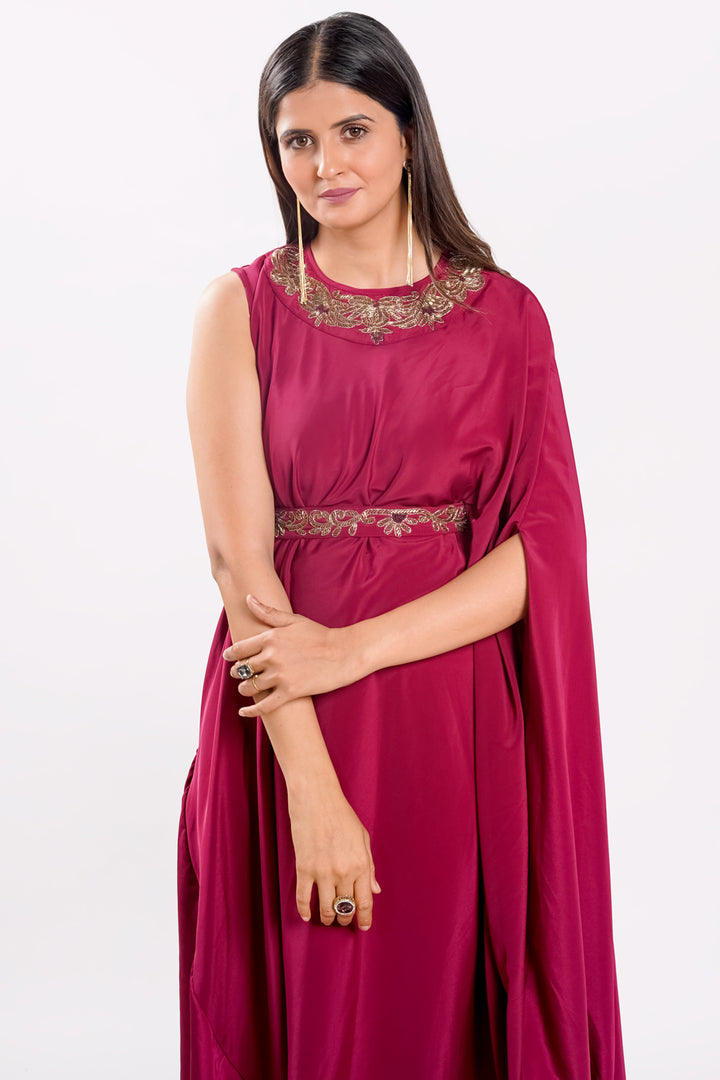 Magenta Crepe Satin Fabric Indo Western Cowl Dress With Belt