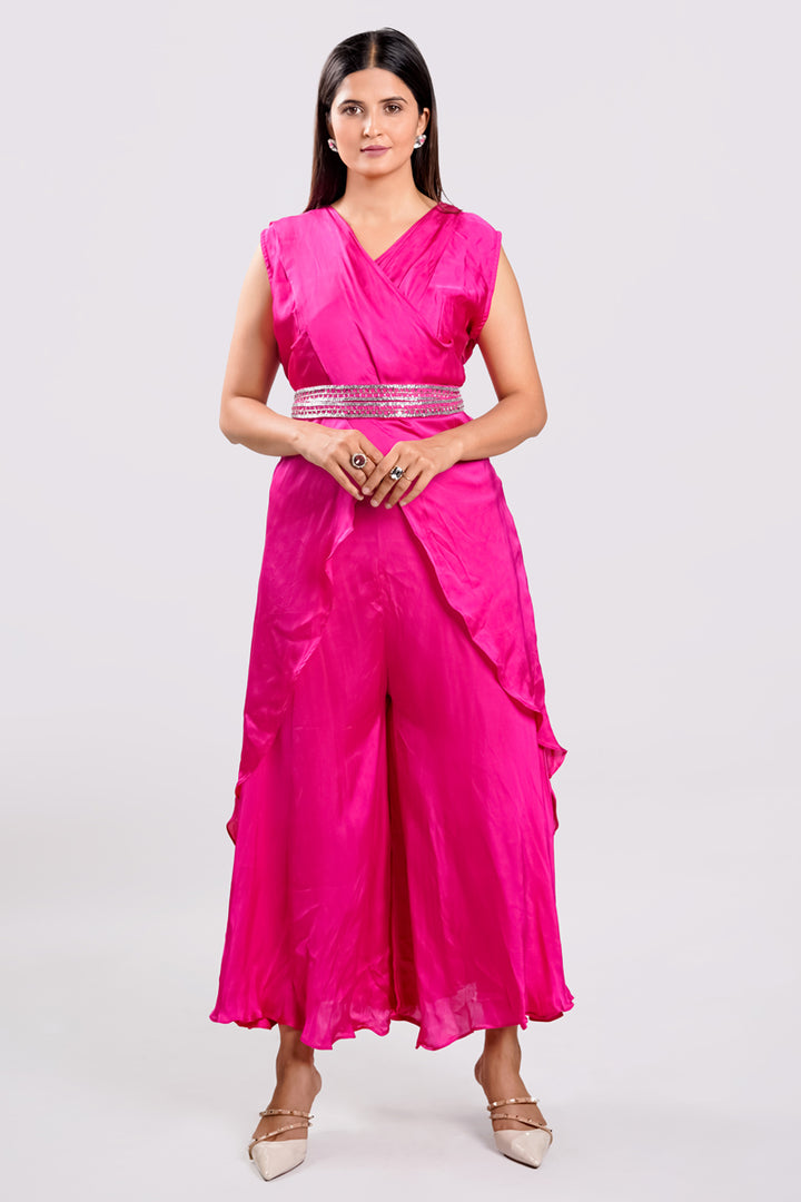 Rani Color Satin Crepe Catdana Sequence Work Readymade Indo Western Palazzo Suit