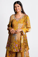 Load image into Gallery viewer, Brown Color Paplum Georgette Zardosi Goti Patta Indo Western Palazzo Suit
