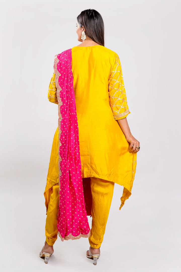 Yellow Color Dola Silk Indo Western Kurta With Stylish Dhoti Bottom