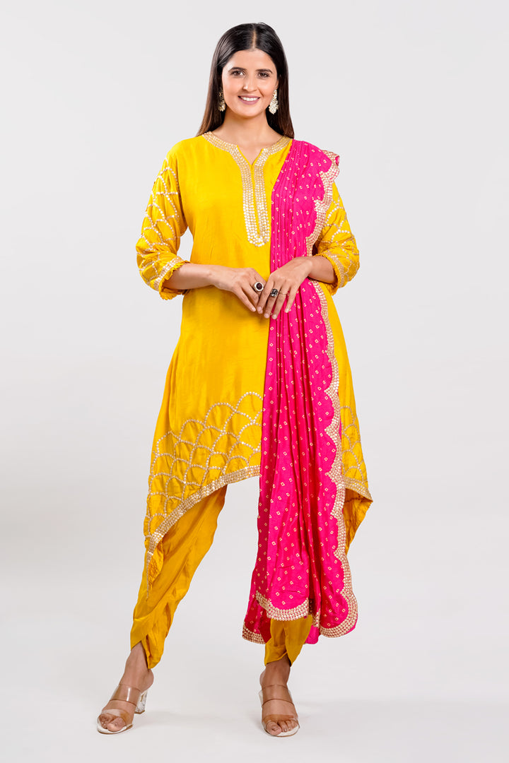 Yellow Color Dola Silk Indo Western Kurta With Stylish Dhoti Bottom