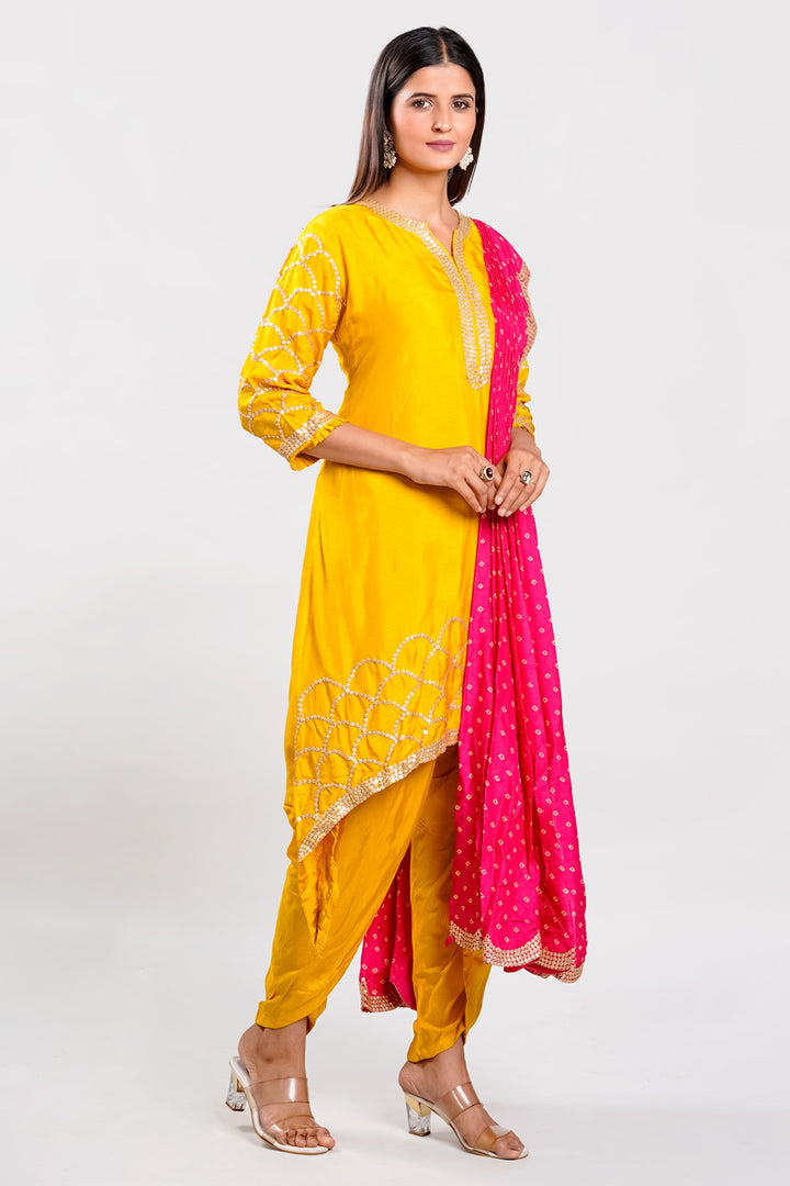 Yellow Color Dola Silk Indo Western Kurta With Stylish Dhoti Bottom