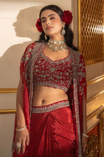 Load image into Gallery viewer, Red Crepe Oxidised Jardoshi Work Indo Western Dhoti With Cape And Heavy Blouse
