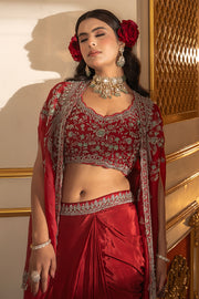 Red Crepe Oxidised Jardoshi Work Indo Western Dhoti With Cape And Heavy Blouse