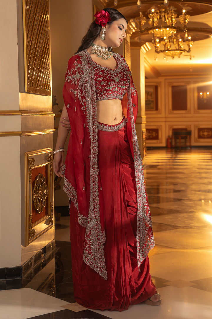 Red Crepe Oxidised Jardoshi Work Indo Western Dhoti With Cape And Heavy Blouse