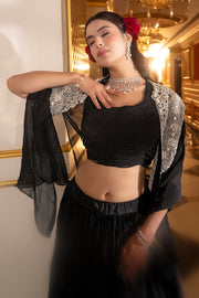 Crepe Organza  Mirror Jardoshi Work Classic Black Crop Top With Shrug