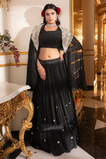 Load image into Gallery viewer, Crepe Organza  Mirror Jardoshi Work Classic Black Crop Top With Shrug
