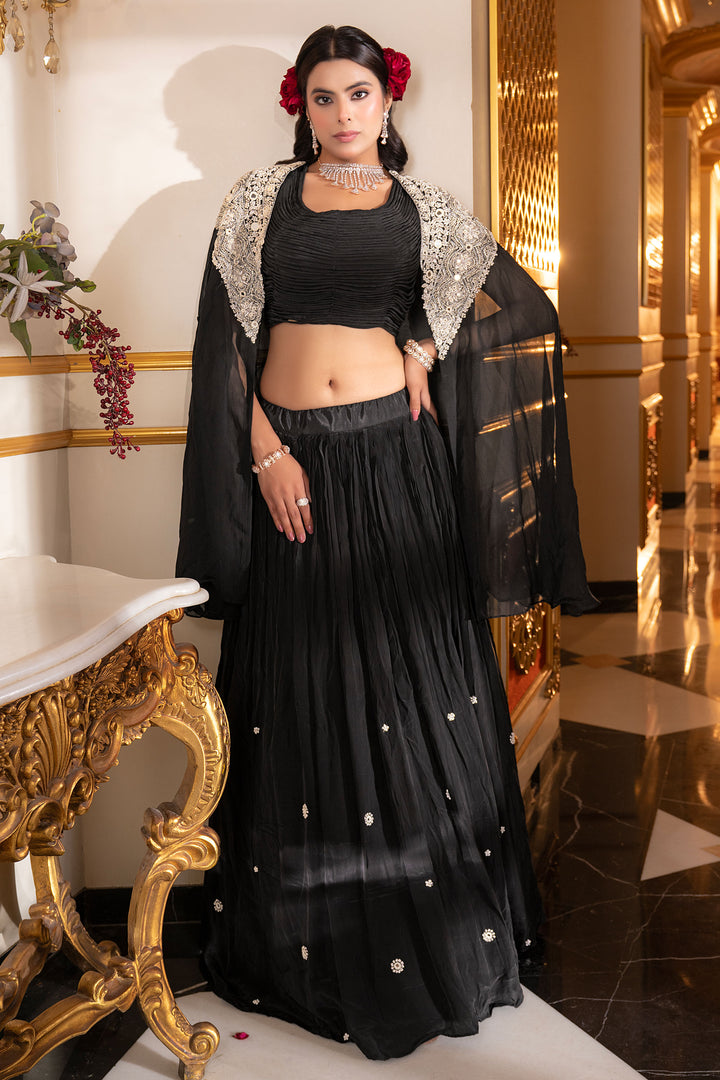Crepe Organza  Mirror Jardoshi Work Classic Black Crop Top With Shrug