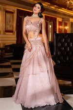 Load image into Gallery viewer, Pink Crop Top Texture Fabric Drap Monotone Sequins With Pipe And Cutdana Work Designer Lehenga
