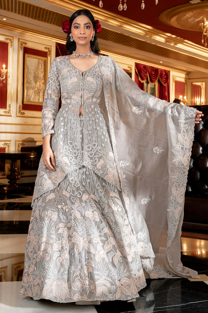 Organza Applic Monotone Thread Work Long Lehenga Choli With Dupatta