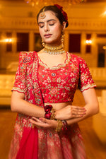 Load image into Gallery viewer, Vibrant Silk Fabric Crop Top Pearl And Thread With Jardoshi Work Lehenga
