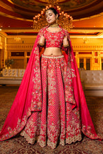 Load image into Gallery viewer, Vibrant Silk Fabric Crop Top Pearl And Thread With Jardoshi Work Lehenga
