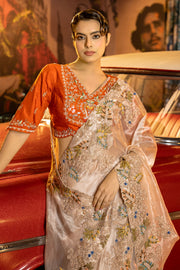 Wedding Wear Hand French Knot Zardozi Work Pure Tissue Saree With Designer Blouse