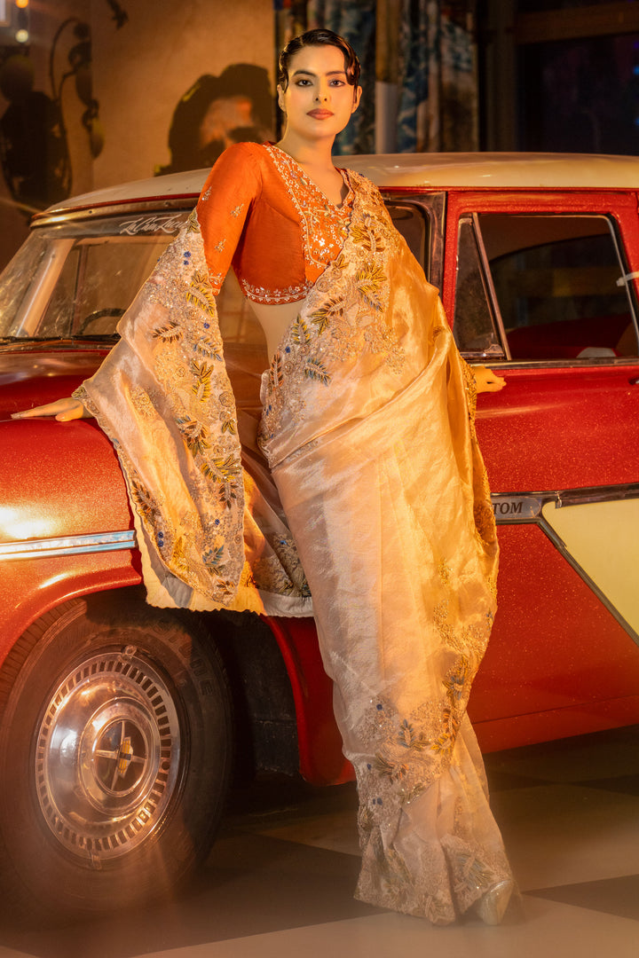 Wedding Wear Hand French Knot Zardozi Work Pure Tissue Saree With Designer Blouse